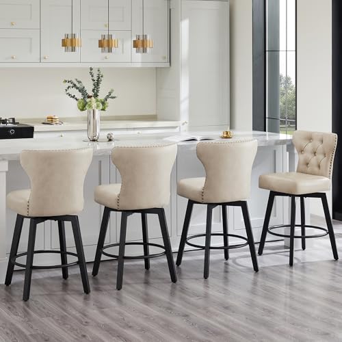 Counter Height Barstools 26 inch Upholstered Button Tufted Swivel Bar Stools with Back and Wood Legs for Kitchen Island,Set of 2,Beige-Nailhead Trim by KISLOT - Image 5