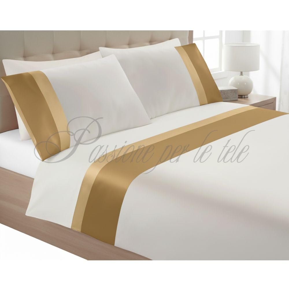 Set lenzuola matrimoniali Cotone Percalle con balze in raso di cotone. Lenzuolo con angoli 175x200+28cm, lenzuolo sopra 250x290cm, Federe 52x82cm. Made in Italy (oro)