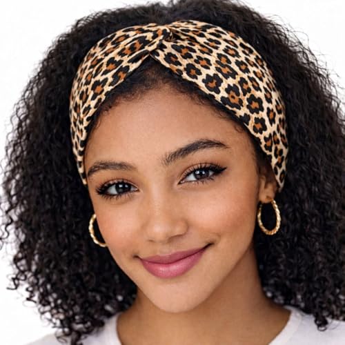 Womens Stretchy Knotted Twist Soft Cotton Headbands Solid Colour Non-Slip Fashion Sports Hair Bands for Women Yoga Workout Running (Leopard 1 Size)