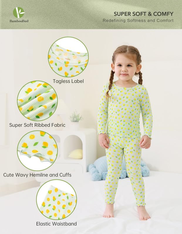Toddler Girls Pajama Set 2 Piece Ribbed Long Sleeve Top Pants Sleepwear Little Girl's Viscose from Bamboo Pjs2