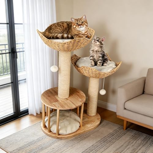 BingoPaw Wooden Cat Tower Tree: 3-tier Kitten Tree Activity Tower Condo Furniture with Plush Cushion Cozy Rest Dangling Ball Sisal Scratching Post Indoor 60x40x99Hcm