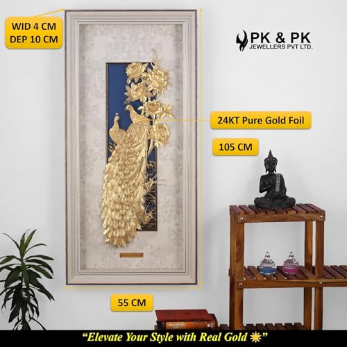 Image of Pk & Pk Jewellers Shiny Peacock Pair | 24KT Gold Rectangular Frame | White Frame Collection | Super Large Size [55x105 cm] (For Premium Luxury Gift, Home Decor, Wall Decoration)