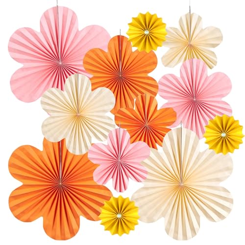 KunpengZen 12 Stück Papier Fächer Dekoration, Papierblumen Hanging Rosa Orange Weiß, Fächer Blumen Papier für Geburtstagsfeiern, Zusammenkünfte, Hochzeiten, Abschlussfeier, Tischdeko, Baby Shower