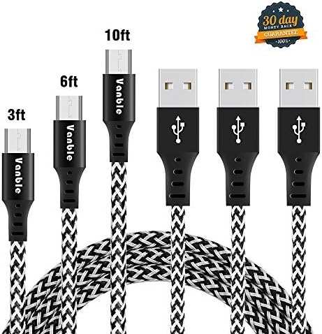 Micro USB Cable, Vanble High Speed 2.0 USB to Micro USB Sync & Charging Nylon Braided Cable for Android/Windows/MP3/Camera and Other Device (3 Pcs, White&Black)