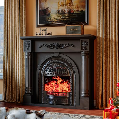 Image of 45 Inch Electric Fireplace with Mantel, Solid Wood Fireplace TV Stand, Roman Column Fireplace Entertainment Center, Electric Fireplace Heater with Black Birdcage Insert for Living Room, Black