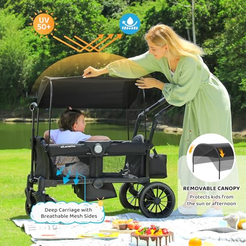 Image of ELEMARA Foldable Wagon Stroller, Stroller Wagon for 2 Kids, Premium All Terrain Wagon for Kids with Removable Canopy, Adjustable Push /Pull Handle, Harnesses, Large Storage Bag, Black