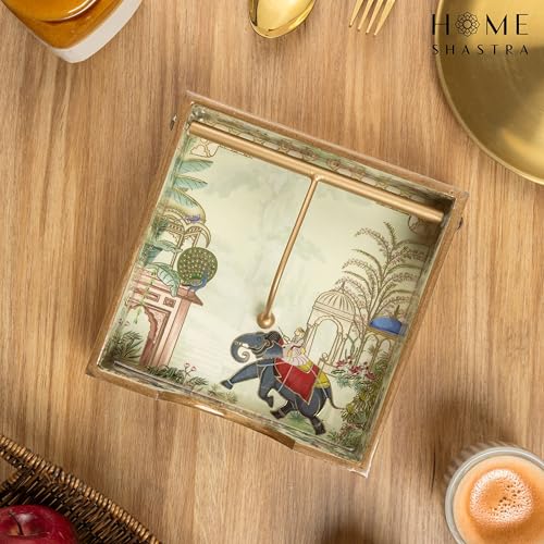 Image of Wooden Napkin Holder with Gold Engraving | Pack of 1 | Size : 7.5 x 7.5 inch | Enamel Coated Waterproof | Tissue Holder for Dining Table | (Elephant Napkin Holder)