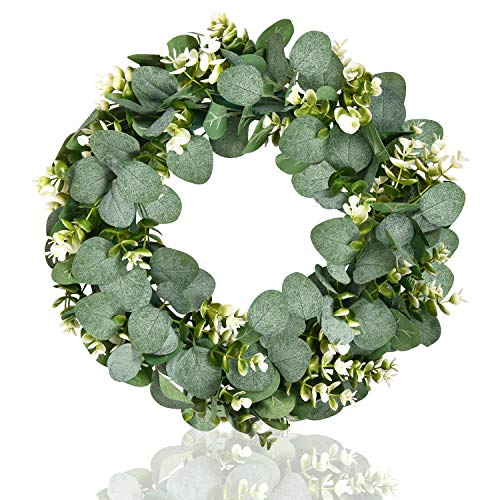 Martine Mall 15 Inch Artificial Eucalyptus Wreath Eucalyptus Leaves Wreath with Flowers Green Leaves Wreath Spring Summer Green Wreath Eucalyptus Leaf Wreath for Front Door Window Festival Home Decor