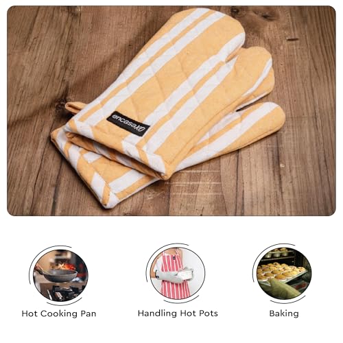 Image of Encasa XO Oven Gloves for Microwave (2 pc Set) - Heat Proof, Thick & Safe | Longer 18x30 cm Mittens for Protection in Kitchen Cooking & Baking - Franca Yellow Stripes
