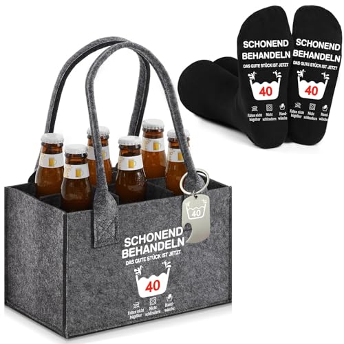 YANSYUN Set de 3 regalos de cerveza para hombre, regalo de 40 cumpleaños para hombre y mujer, portabotellas para 6 botellas, calcetines para 40 cumpleaños y abridor de botellas para padre y esposo
