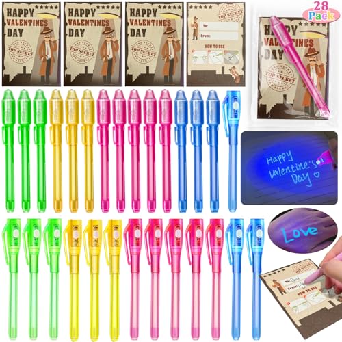 iGeeKid 28 Pack Valentine's Day Cards for Kids Invisible Ink Pen with UV Black Light Valentine Gift School Supplies Secret Spy Pens Magic Disappearing Ink Markers Valentine's Gift Classroom Exchange