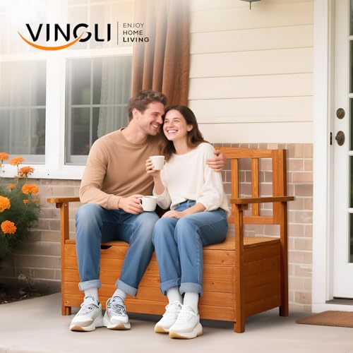 Image of VINGLI Outdoor Storage Bench, Large Wood Deck Box with Seating, Weatherproof Outdoor Bench with Storage Loveseat, 2-Person Wooden Patio Bench for Entryway, Backyard, Garden