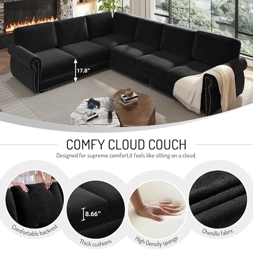Image of KCGKCG 118 inch Sleeper Sofa Bed, Sectional Couches for Living Room /Apartment, Chenille L Shaped Couch with Pull Out Couch Bed, Convertible Sectional Sofa with Rolled Arm & Nailhead Trim, Black