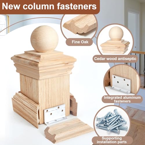 Image of Hosuly 4x4 Wood Newel Post Cap and Mounting Kit, Cedar Finial with Ball Top and L-Bracket Fasteners for Installing Decorative Railings on Stairs, Decks, and Floors