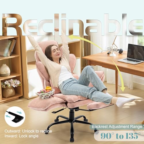 Image of Flip Armrests Criss Cross Office Chair, Reclining Office Chair with Foot Rest, Adjustable Headrest, Massage Waist Pillow, Cross Legged Big and Tall Desk Chair Wide Seat Vanity Chair, Pink Fabric