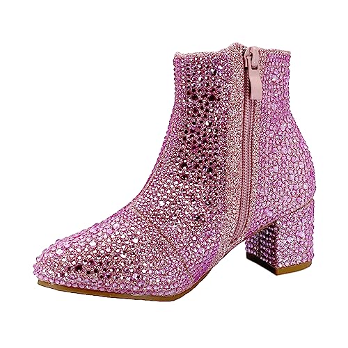 ABSOLEX Girle's Rhinestone Round Toe Block Chunky Low Heel Ankle Booties3
