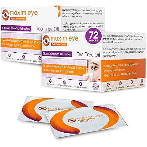 Maxim Eye 2 PK - Tea Tree Eyelid Wipes 36 Pieces (72 Pieces in total), Eyelid Scrubs for Dry, Itchy, Swollen and Irritated Eyes, Eyelid Cleanser and Makeup Remover, Individually Packaged Eyelash Wipes Cover