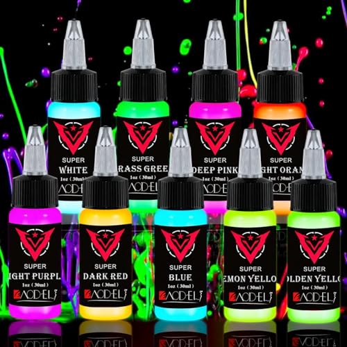 9Color Fluorescent Tattoo Ink Set 9Pcs Tattoo Ink Color Set Glow in The Blacklight Skin-Safe Permanent Tattooing for 3D Makeup Beauty Skin Body Art 1oz 30ml/Bottle