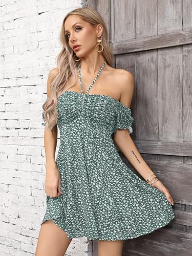 Image of Missufe Women's Puff Short Sleeve Drawstring Ruched Front Fit and Flare Floral Summer Casual Short Dress