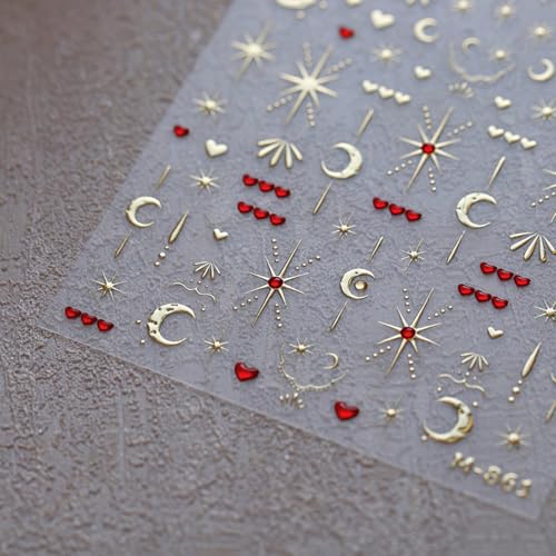 Image of Gold Nail Stickers Star Moon Nail Decals with Red Rhinestone Design Figure Nail Art Stickers 5D Embossed Self Adhesive Heart Nails Decals Charms Supply for Women Girls Manicure DIY Decoration