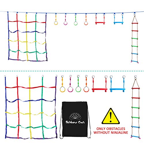 Rainbow Craft Ninja Climbing Attachments for Ninja Obstacle Course Kids Backyard Training Equipment - Ninja Rings, Ninja Monkey Bars, Climbing Rope Ladder & Ninja Cargo Net - Without Ninja Line