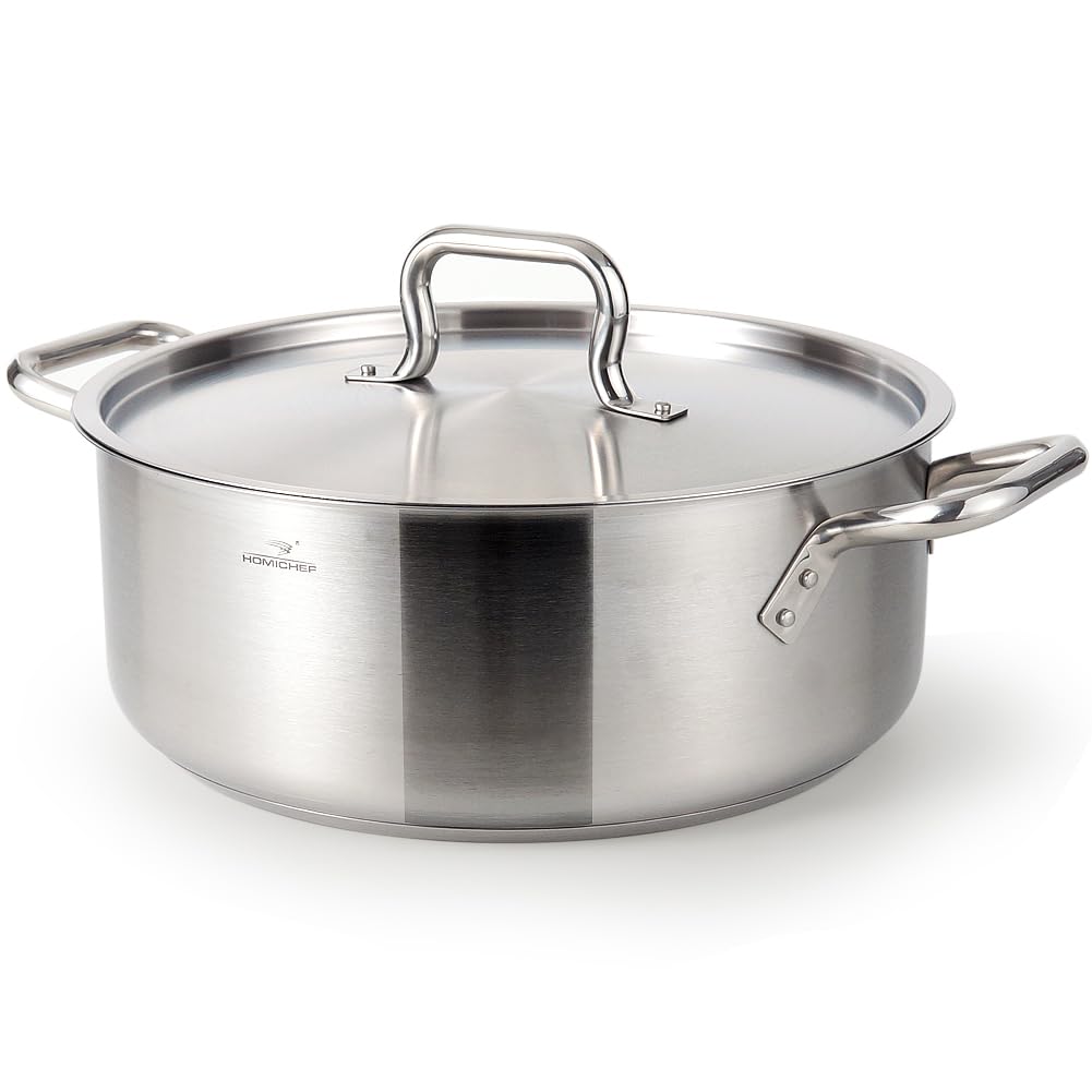 HOMICHEF - Olla grande de 15 cuartos de acero inoxidable con tapa, sartén para estofado de grado comercial sin níquel, olla sana para estofado de 15 QT - Sartén grande pulida mate