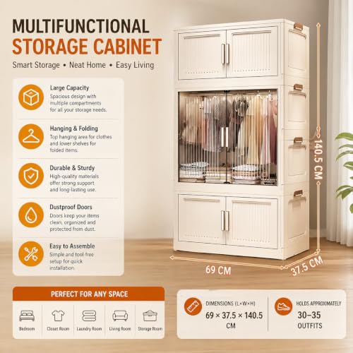 Image of Mevigo 3-Door Plastic Wardrobe for Kids| Almirah and Wardrobe for Baby Clothes| Modular Storage Cabinet with Wheel Organizer for Cupboard Rack for Clothes /Shoes /Books /Toy -White-712