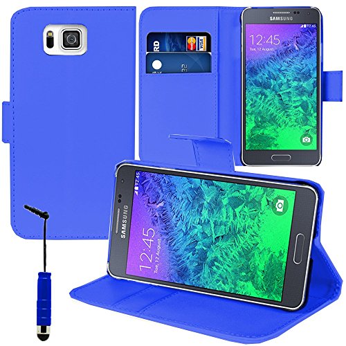 VCOMP® Housse Coque Etui Portefeuille Support Video Livre Rabat Cuir PU pour Samsung Galaxy Alpha SM-G850F/ Galaxy Alfa/Alpha (S801) + Mini Stylet - Bleu Fonce