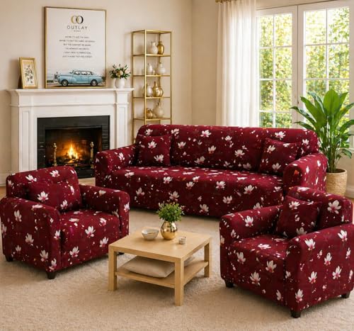 Image of Digital Print Sofa Cover Fully Covered 5 Seater Sofa Cover Non-Slip Sticky Elastic Stretchable Sofa Set Slipcover, 5 Seater (3+1+1) (Maroon Flower)