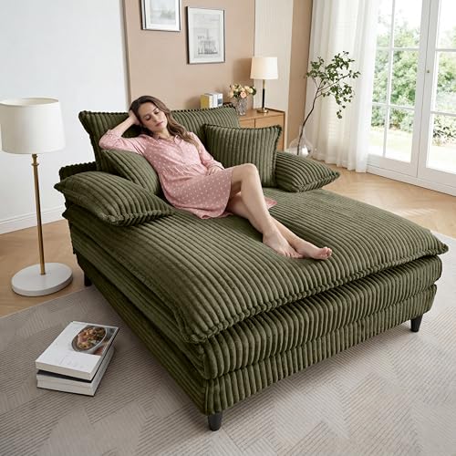 Image of Oversized Chaise Lounge Chair Indoor with 5-Position Adjustable Backrest, 54.8 inch Upholstered Corduroy Deep Seat Single Cloud Sofa Chair, Fluffy Modern Sleeper Couch Bed for Living Room, Green