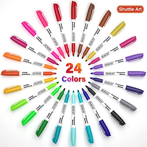 Image of Shuttle Art Permanent Markers, 24 Colors Fine Point Assorted Colors Permanent Marker Set, Works on Plastic,Wood,Stone,Metal and Glass for Doodling, Coloring, Marking (Pack of 2)