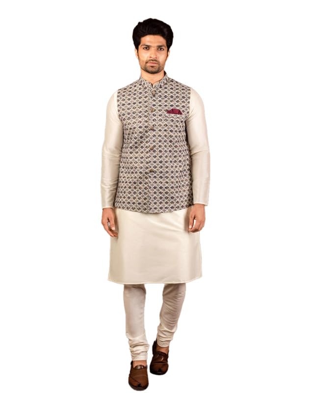 Image of KISAH Men Printed Kurta Jacket Set, Full Sleaves, Knee Length, Straight, Regular Fit, Mandarin Collar Ethnic Wear
