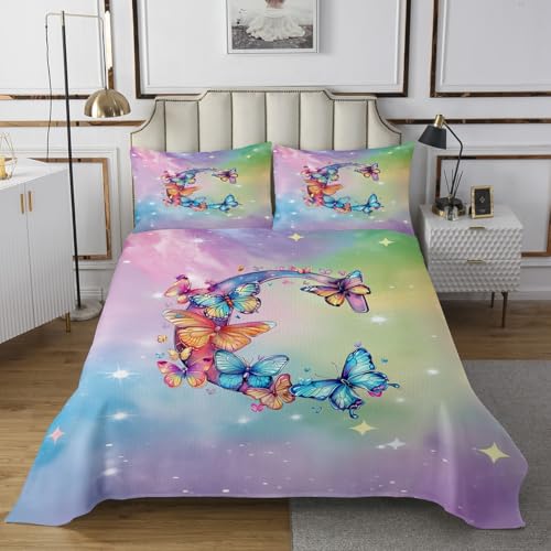 Castle Fairy Butterfly Letter C Bedspread Twin Size 2 Pcs,Garden Wild Butterflies Romantic Bedding Sets for Kids Girls Teens,Stars Colorful Tie Dye Decor Coverlet Set with 1 Pillowcase