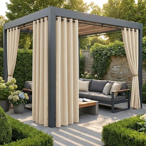 PONY DANCE Tende da Sole per Balconi 4 Pezzi L132 x A213 CM Tende per Gazebo Laterali con Anelli Anti-UV Blackout Curtains per Esterno Impermeabili Facile Installazione, Beige
