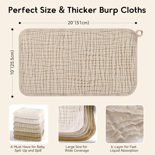 Image of Unnivoll Muslin Burp Cloths for Baby 100% Cotton Burping Cloths for Boys Girls Large 20''X10'' Extra Soft and Absorbent 12 Pack - Gradient Khaki