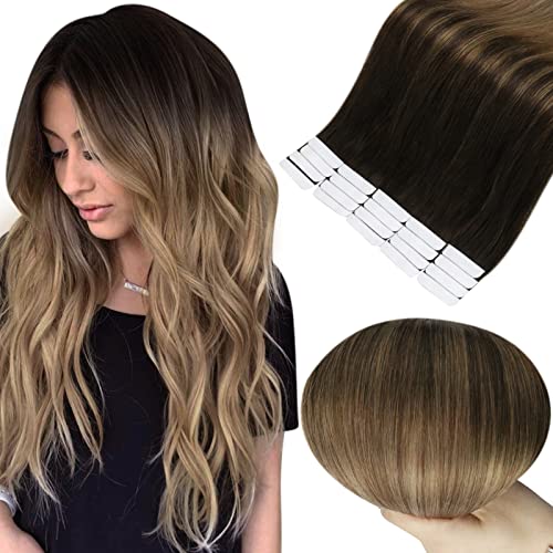 Fshine Human Hair Tape in Extensions 14 Inch Brown Tape in Hair 50 Grams Balayage Tape in Hair Extensions Color 2 Darkest Brown Fading to 6 Chesnut Brown Highlight 18 Ash Blonde Hair Extensions