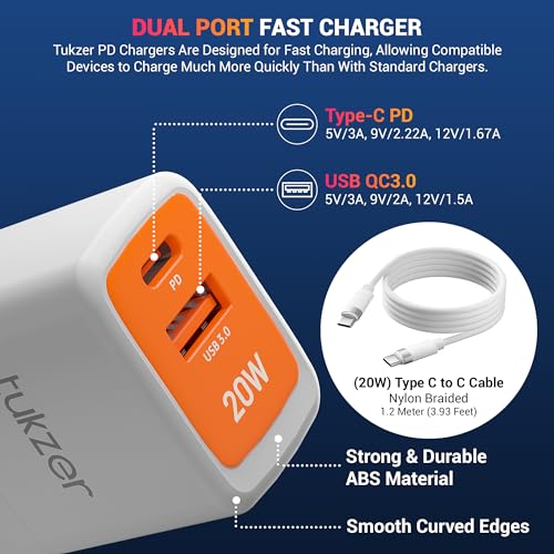 Image of Tukzer 20W Dual Port GaN3 Ultra 2X Faster Charger Adapter (Type C PD3.0 & USB QC3.0) with Type C to C Cable for iPhone 17 /17 Plus /17 Pro /17 Pro Max, 16 /15 /14 /13 /12 Series,Samsung, MacBook,Laptops-WHI