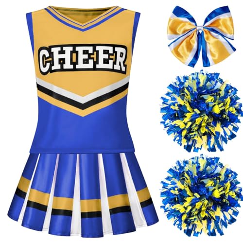 Spooktacular Creations Girl Blue Cheerleader Costume, Halloween Cute Cheer Uniform Outfit with Accessories for Halloween High School Cheerleader Dress Up Costume-M