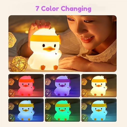 Image of Adorable Silicon Fighting Duck Night Light for Nursery | Soft Silicone, Tap Control, 7-Color Soothing Night Lamp |Rechargeable Light with USB Cable Perfect for Kids Bedside & Home Decor Gift