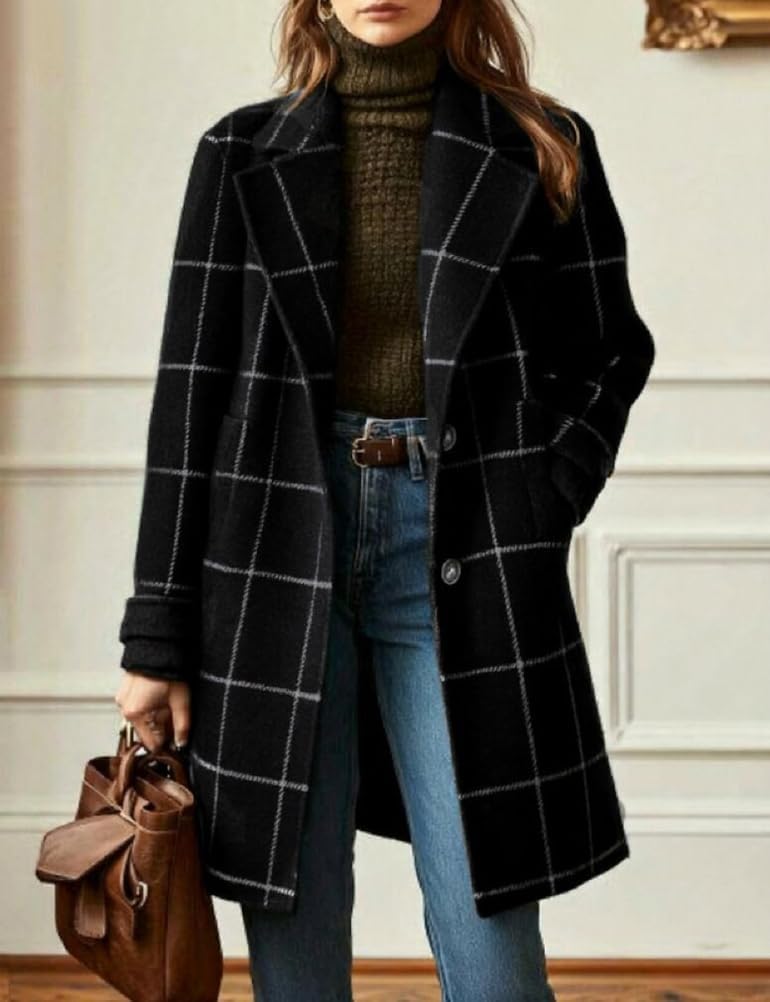 chouyatou Women's Winter Notched Collar Plaid Wool Trench Coat Button Down Mid Long Overcoat Outerwear - Image 2