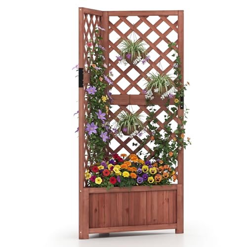 GOPLUS Jardinieres Exterieur avec Treillis en Bois, Jardinière d’Angle en Treillis Surélevée, Trous de Drainage, Bac à Fleurs, Plantes, 55x55x140 CM...