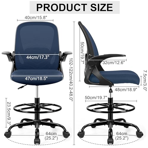 Image of Drafting Chair Tall Office Chair with Flip-up Armrests, Adjustable Height, Enhanced Lumbar Support Ergonomic Rolling Stool, Back Support, Adjustable Foot Rest Ring for Standing Desk Navy