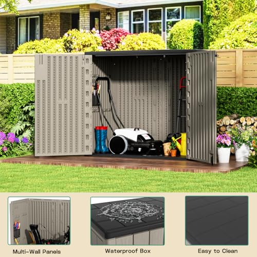 Image of KINYING Outdoor Horizontal Storage Sheds,Outdoor Storage Cabinet Waterproof Resin Tool Storage Box for Lawn Mower,Garden Tools and Patio Furniture, Lockable (Brown)