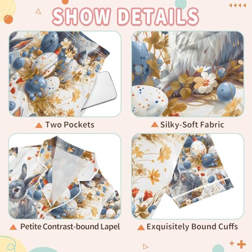 senya Blue Rabbit Egg Satin Summer Pajama Sets Silk Short Sleeve Button Down Sleepwear3