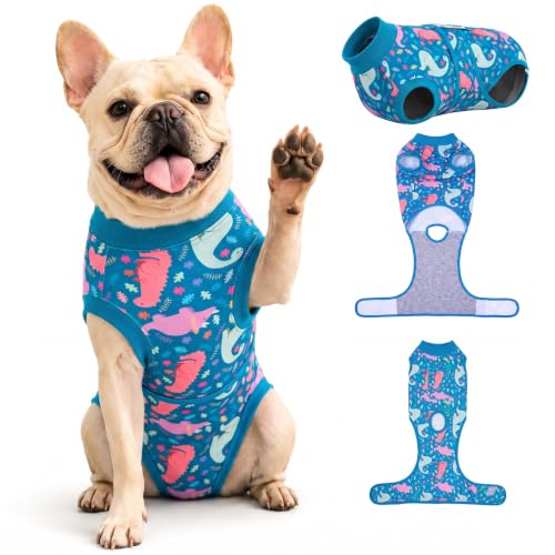 Image of PetWarm Dog Onesie After Spay, Dog Bodysuit, Substitute E-Collar and Cone, Pet Surgery Recovery Suit, Female Male Onesie for Dogs Spay Neuter, Dinosaur Pattern, Multi-Colored, S