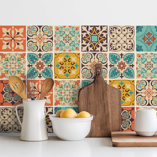 meihea Vintage Moroccan Bohemian Tile Stickers 30 PC Pack - Self-Adhesive PVC Waterproof Wall Decals Kitchen Bathroom Backsplash Decor - 4x4 Inch