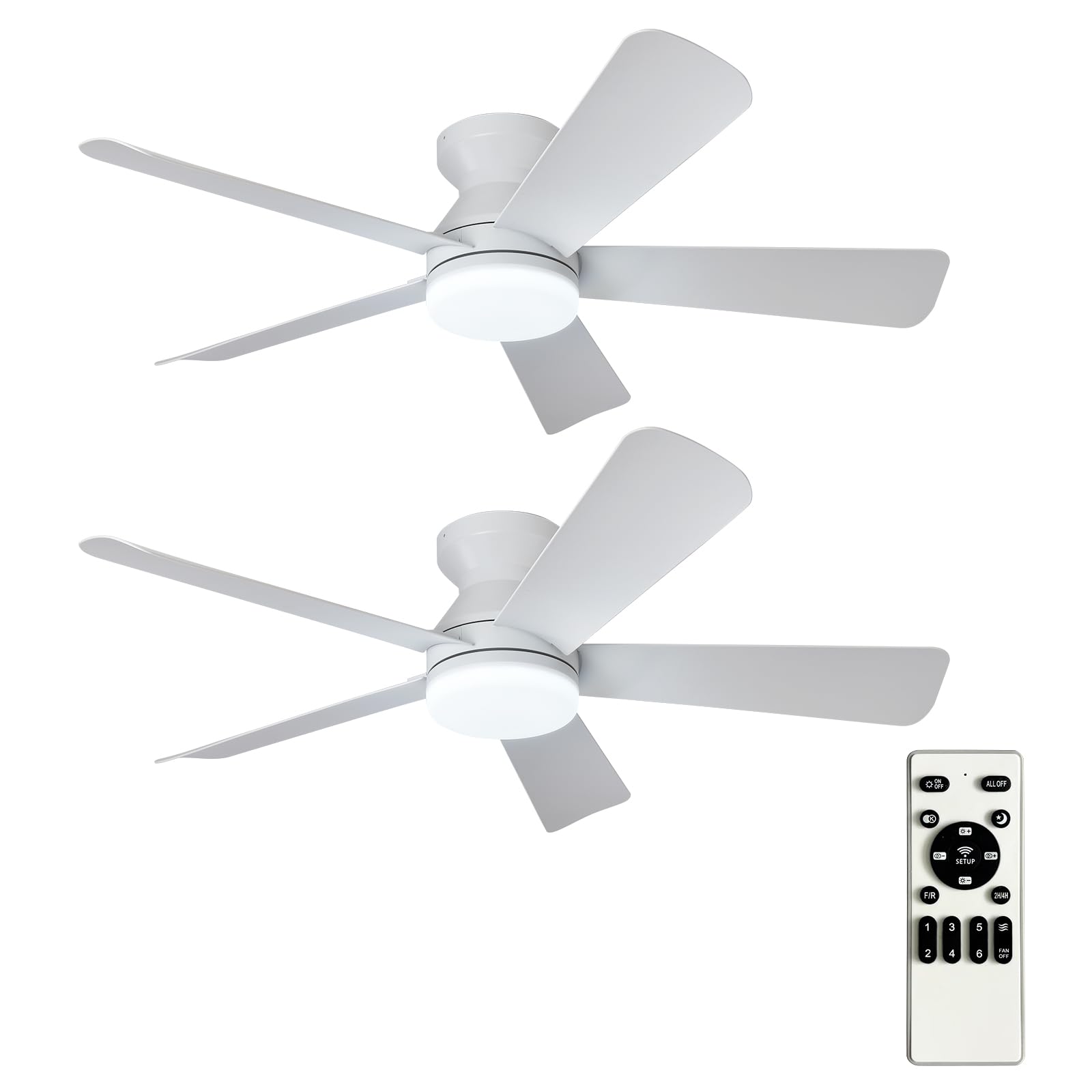 Depuley 42-Inch Ceiling Fans with Lights: Flush Mount Ceiling Fan with Remote Control Indoor/Outdoor - White 5 Blade Low Profile Fandelier for Kitchen Gazebo - Reversible Quiet Timer - 2 Packs