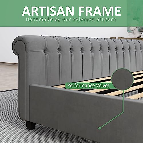 AMERLIFE Queen Size Platform Bed Frame, Velvet Upholstered Sleigh Bed with Scroll Wingback Headboard & Footboard/Button Tufted/No Box Spring Required/Grey