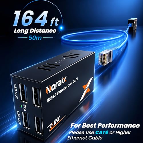 Image of USB 2.0 Extender Over Ethernet Cat6 /7 Up to 164ft /50m, 4 USB Hub Ports Extender Sender & Receiver, Plug and Play, 480Mbps, PoC Power Over Cable (RX), Built-in ESD Protection for PC, Printer