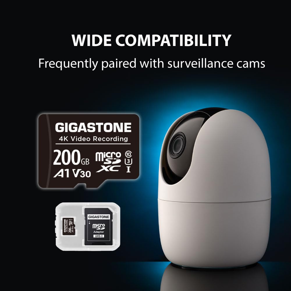 GIGASTONE 2 schede micro SD da 200 GB, registrazione video A1 V30 4K, compatibile con telecamere di sicurezza, Dash Cam, Drone, scheda di memoria MicroSDXC da 100 MB/s UHS-I, con adattatore